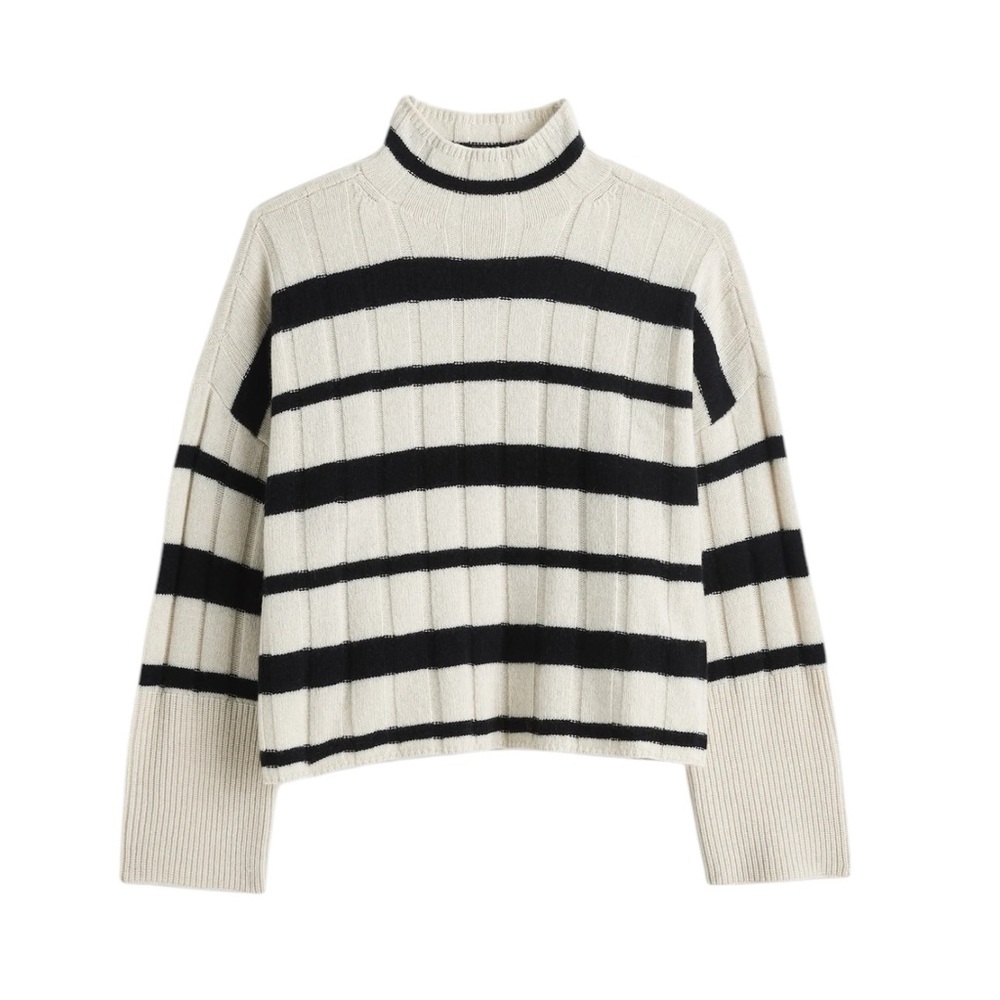 Cashmere Madewell Black and Cream Striped Turtleneck Sweater